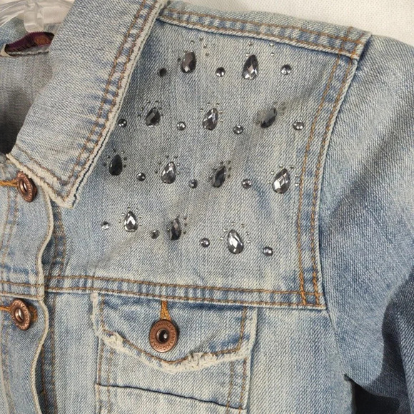 Highway Jeans Denim Button Up Jacket Women Size L Embellished Long Sleeve Pocket - Picture 3 of 9